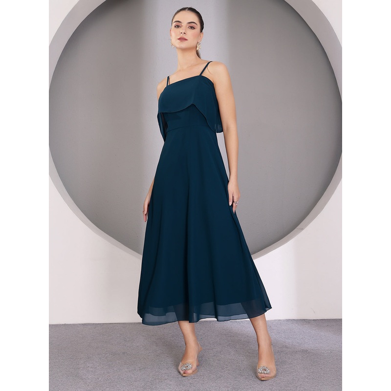 Women’s Teal Bardot Style Sleeveless Spaghetti Strap Solid Off Shoulder Midi Skater Dress XS Teal