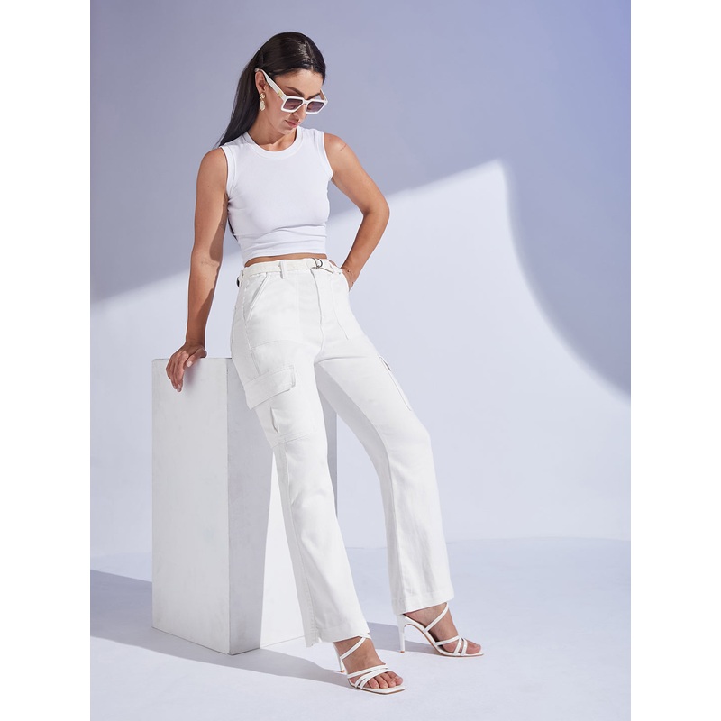 Women’s White Wide Leg High-Rise Regular Stretchable Denim Jeans 26 White