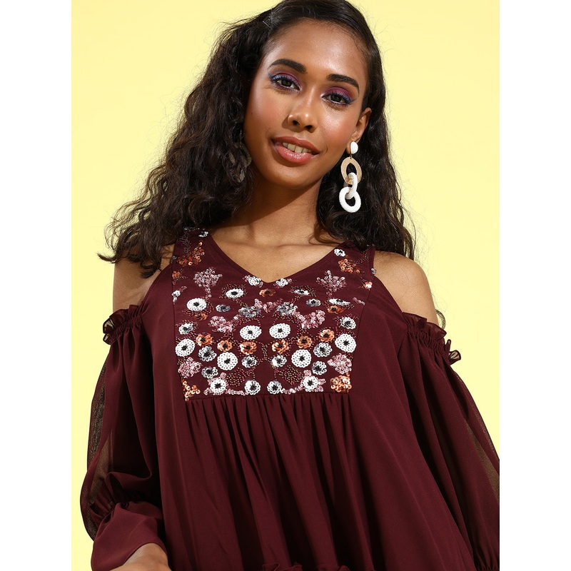 Women’s Wine V-neck Cold Shoulder Solid Embellished Knee Length Dress XS Wine