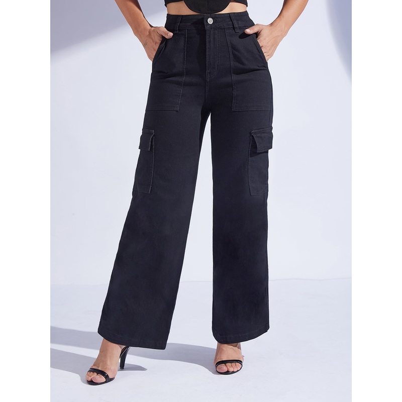 Women’s Black Wide leg High-Rise Regular Stretchable Denim Jeans 24 Black