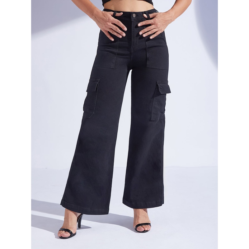 Women’s Black Wide-Leg High-Rise Stretchable Denim Cargo Jeans 26 Black