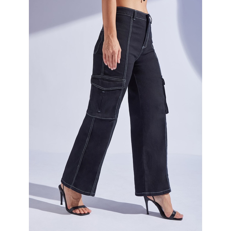 Women’s Black Wide-Leg High-Rise Stretchable Patch-Pocketed Denim Jeans 26 Black