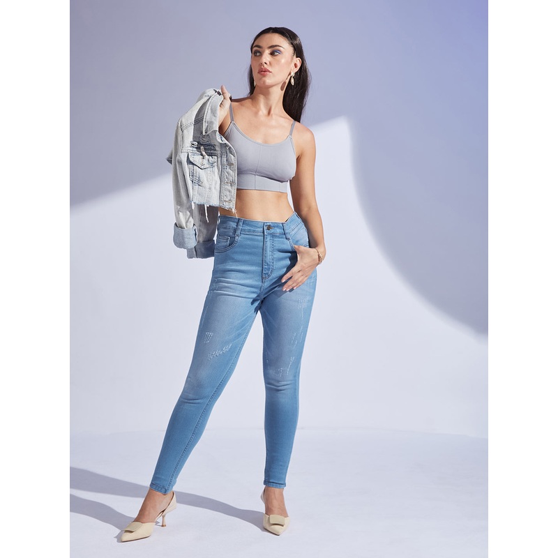 Women’s Blue Skinny High-Rise Mild-Distress Regular Stretchable Denim Jeans 26 Blue