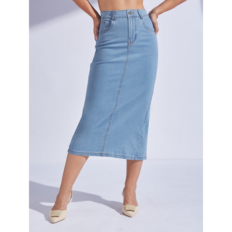 Women’s Light Blue Straight High-Rise Midi Stretchable Denim Denim Skirt 26 Light-Blue