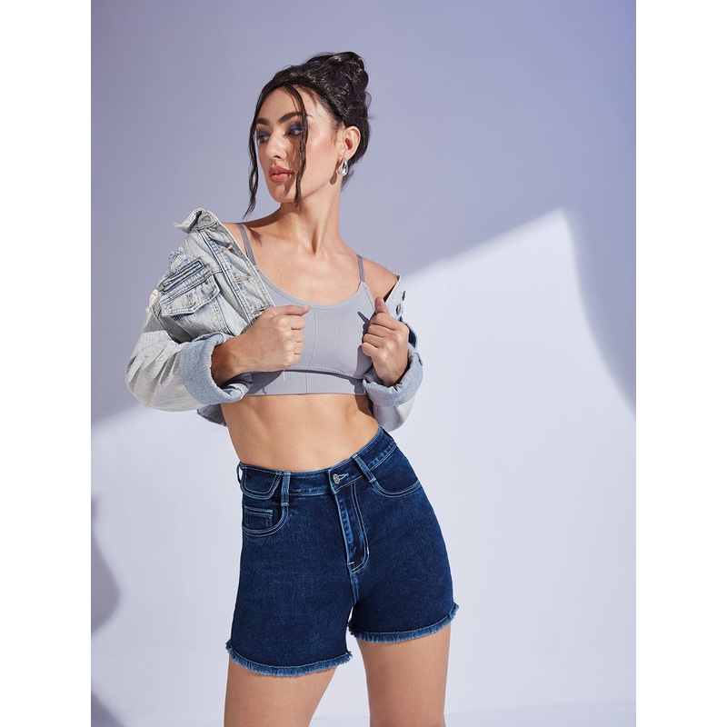 Women’s Navy Blue Relaxed Fit High-Rise Stretchable Denim Faded Shorts 24 Navy Blue