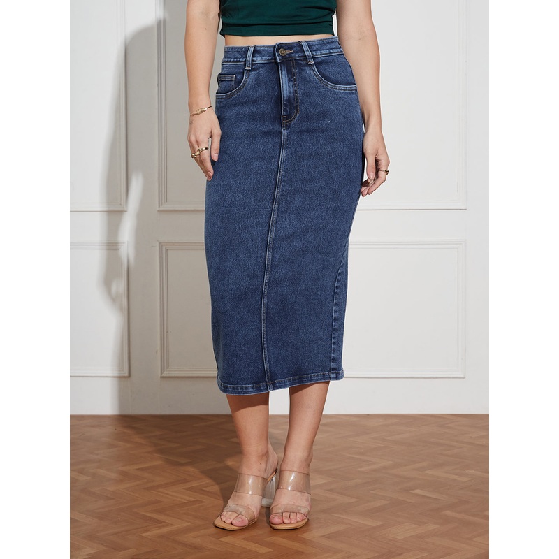 CHASEshape Women’s Dark Blue High-Rise Stretchable Denim Midi Skirt with Back Slit  Shaping Fit 26 Blue