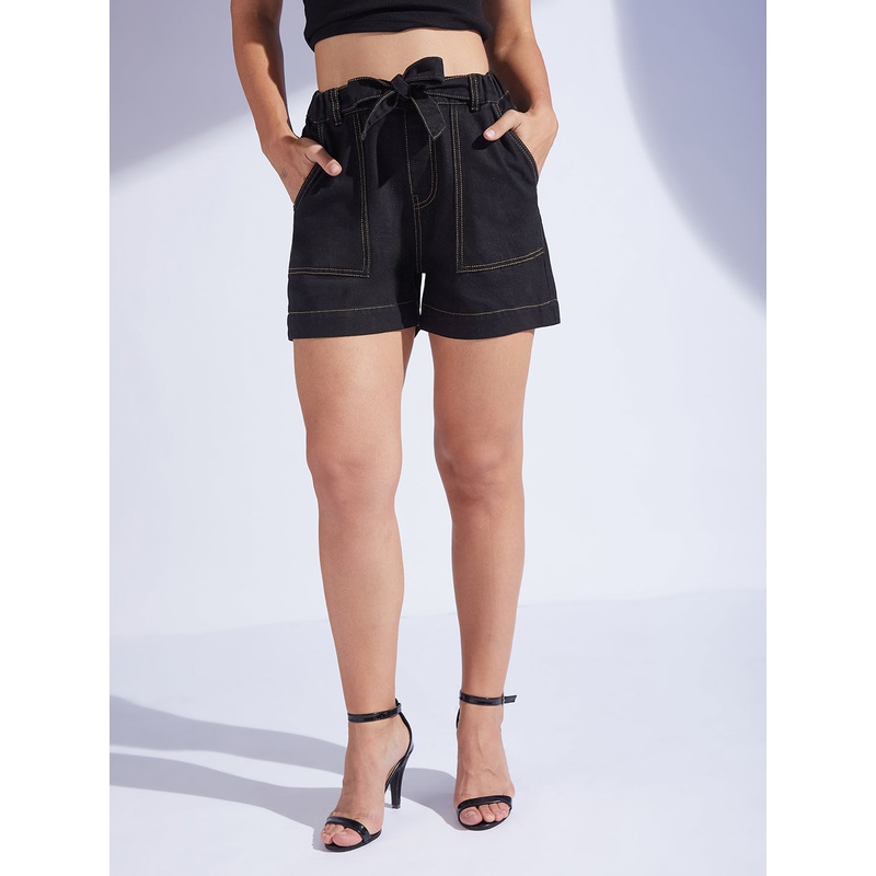 Women’s Black High-Rise Relaxed Fit Denim Shorts with Tie-Up Belt & Patch Pockets 26 Black