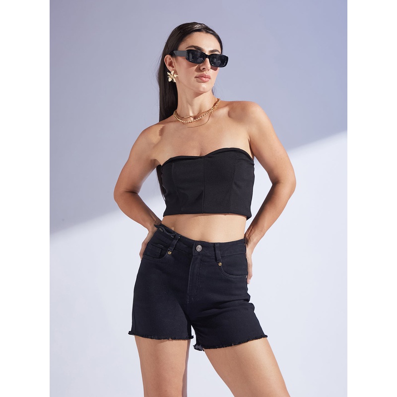Women’s Black Relaxed Fit High Rise Clean Look Regular Length Stretchable Denim Shorts 24 Black