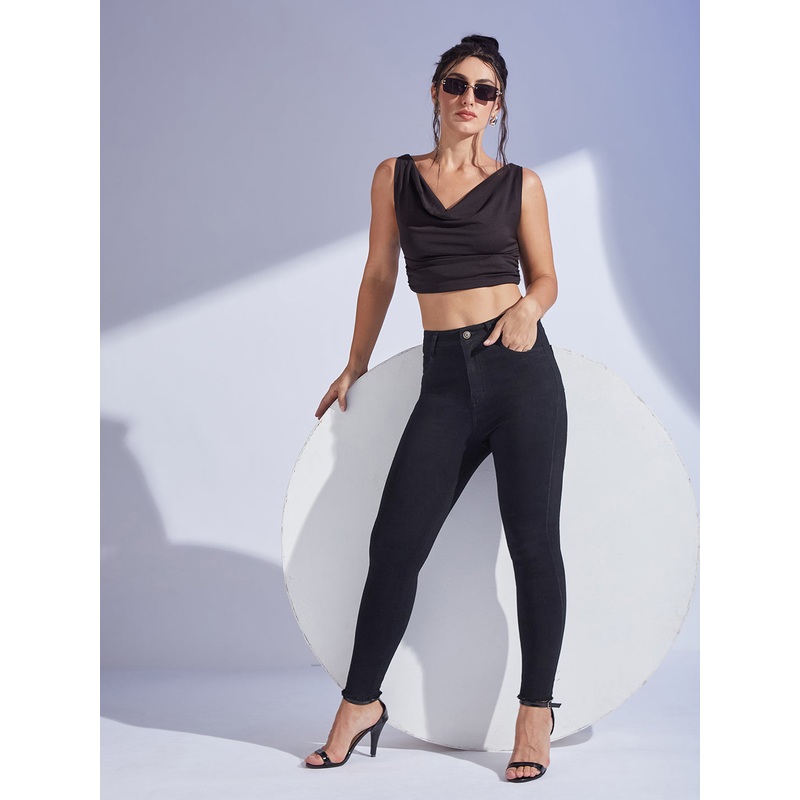 Women’s Black Skinny Fringed Detailing High-Rise Solid Cropped Stretchable Denim Jeans 26 Black