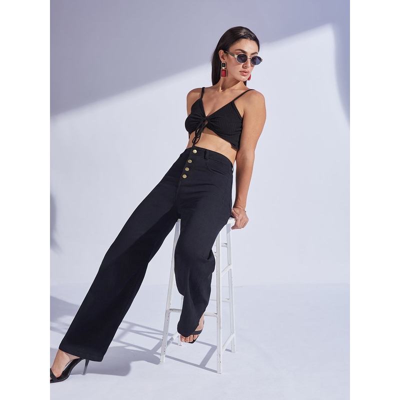 Women’s Black Wide Leg High-Rise Stretchable Denim Jeans 26 Black