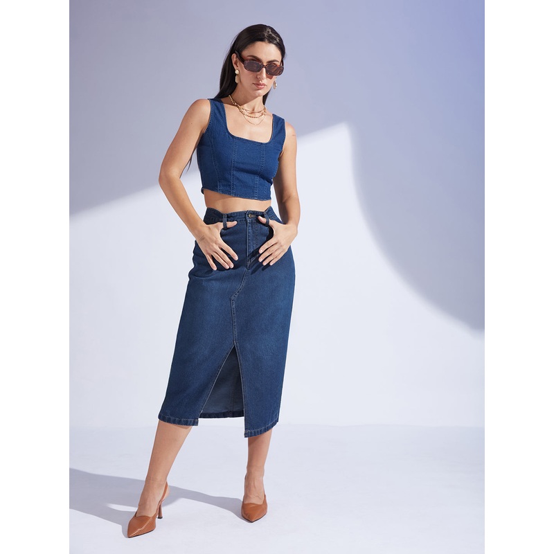 Women’s Dark-Blue A-Line High-Rise Non-stretchable Denim Midi Skirt 26 Navy Blue
