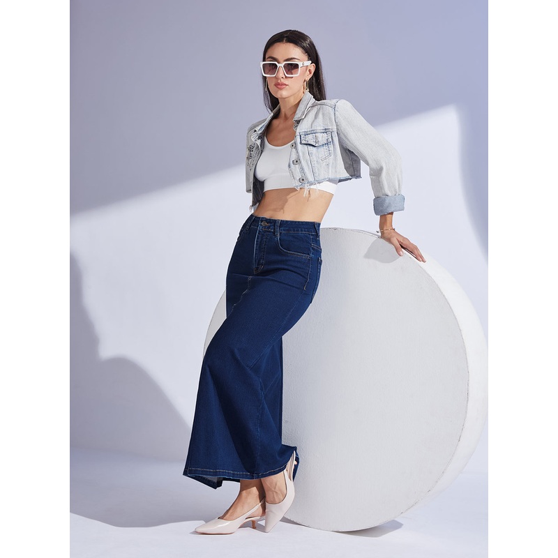 Women’s Dark-Blue Flared High-Rise Stretchable Denim Maxi Skirt 26 Navy Blue