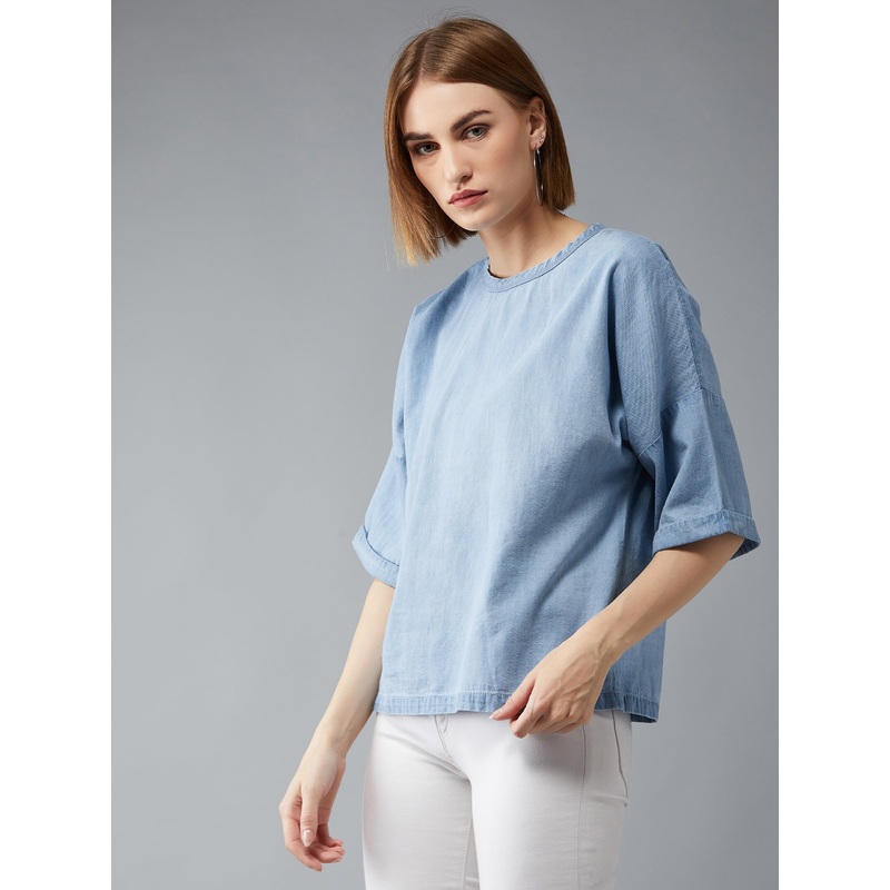 Women’s Light Blue Round Neck Half Sleeves Solid Boxy Regular Top XS Light Blue
