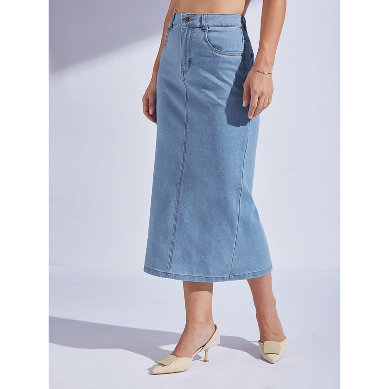 Women’s Light Blue Straight High-Rise Midi Stretchable Denim Skirt 26 Light-Blue