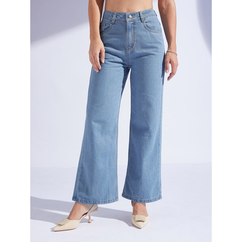Women’s Light Blue Wide-Leg High-Rise Non-stretchable Denim Jeans 26 Light-Blue