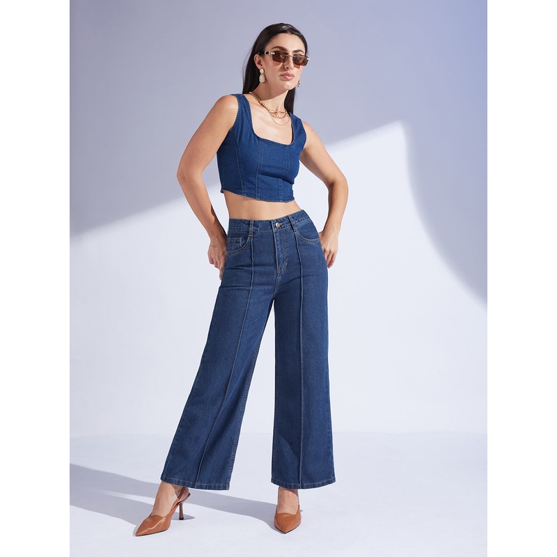 Women’s Navy Blue Wide-Leg High-Rise Non-stretchable Denim Jeans 26 Navy Blue