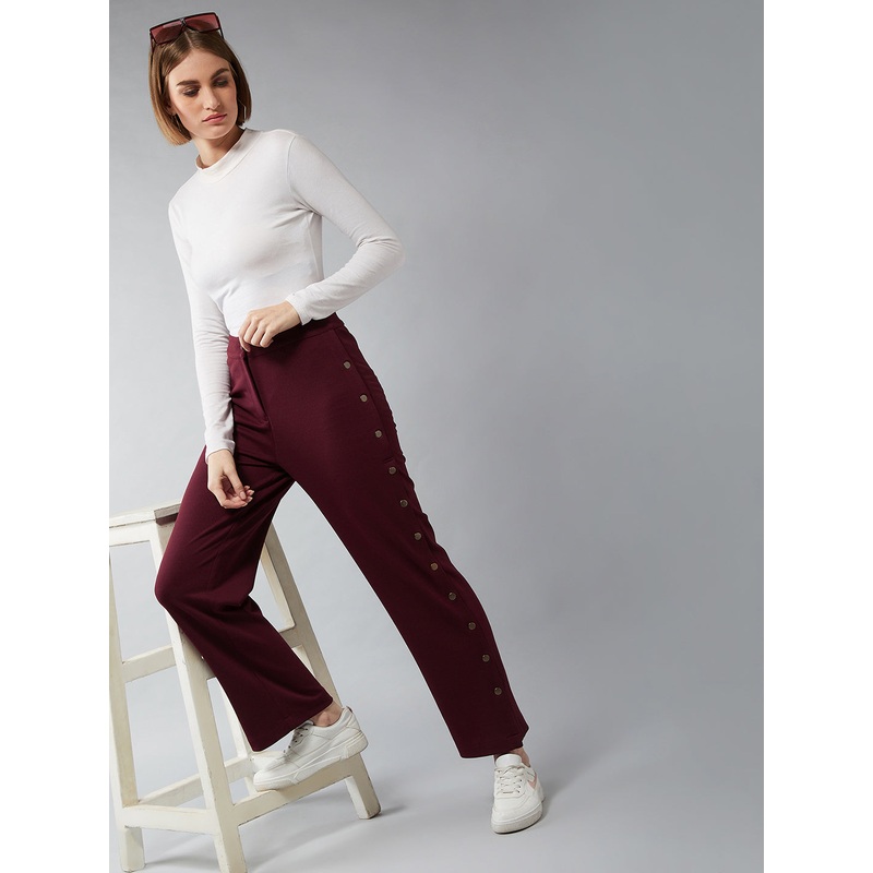 Women’s Wine Red Solid Regular Fit Flared Trouser XS Maroon