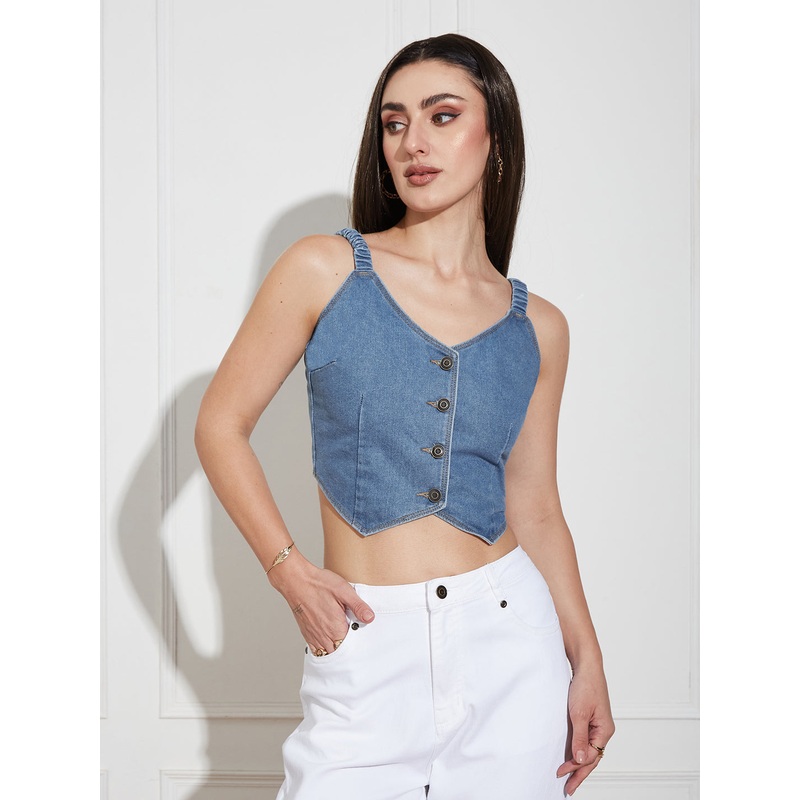 Womens Mid Blue V Neck Elasticated Straps Sleeve Solid Waistcoat-Styled Cropped Denim Top XS Blue