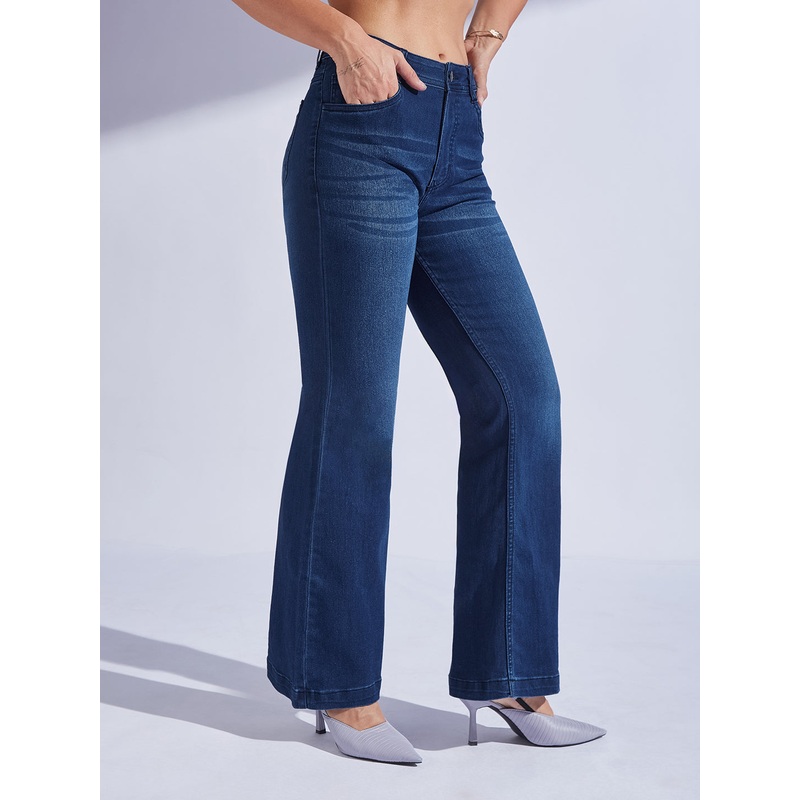 24/7 Comfort Navy Blue High-Rise Clean-Look Regular-Length Stretchable Bootcut Denim Jeans 26 Blue