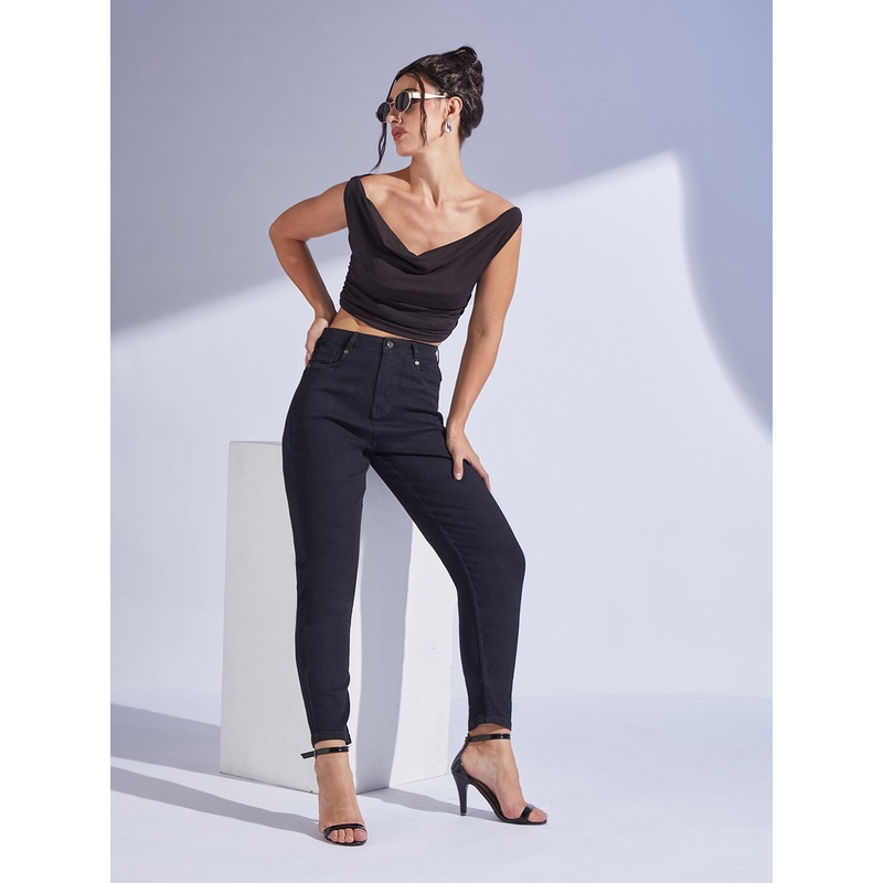 Women’s Black High-Rise Regular-Length Stretchable Denim Mom’S Jeans 26 Black