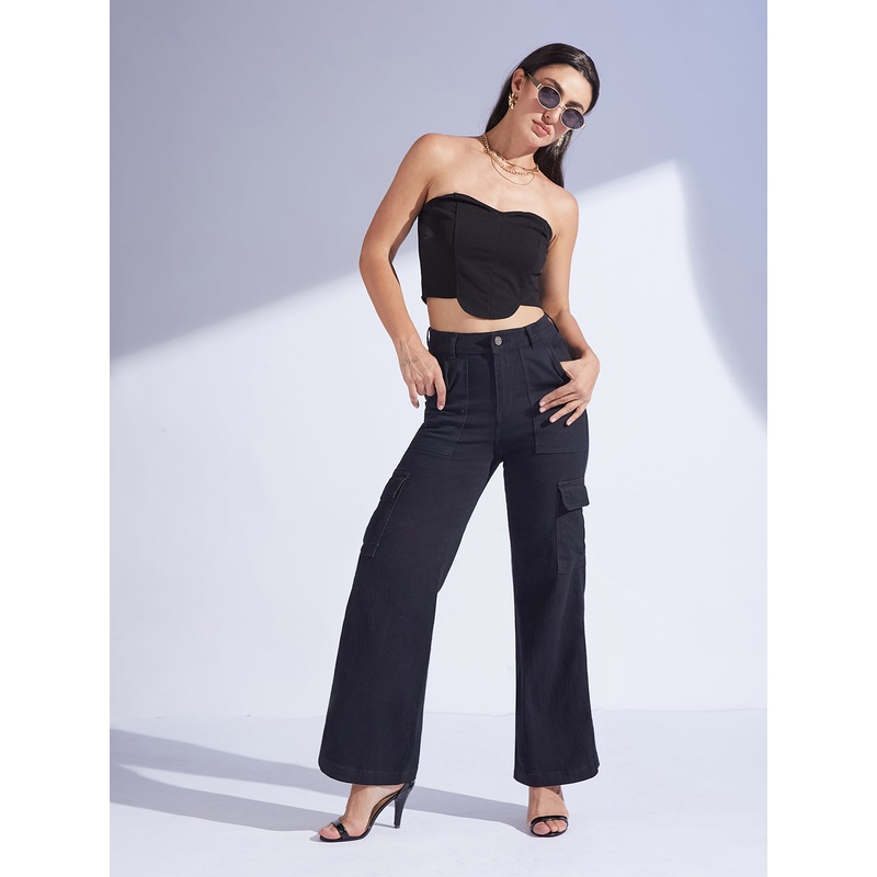 Women’s Black Wide-Leg High-Rise Clean-Look Regular-Length Stretchable Denim Cargo Jeans 26 Black