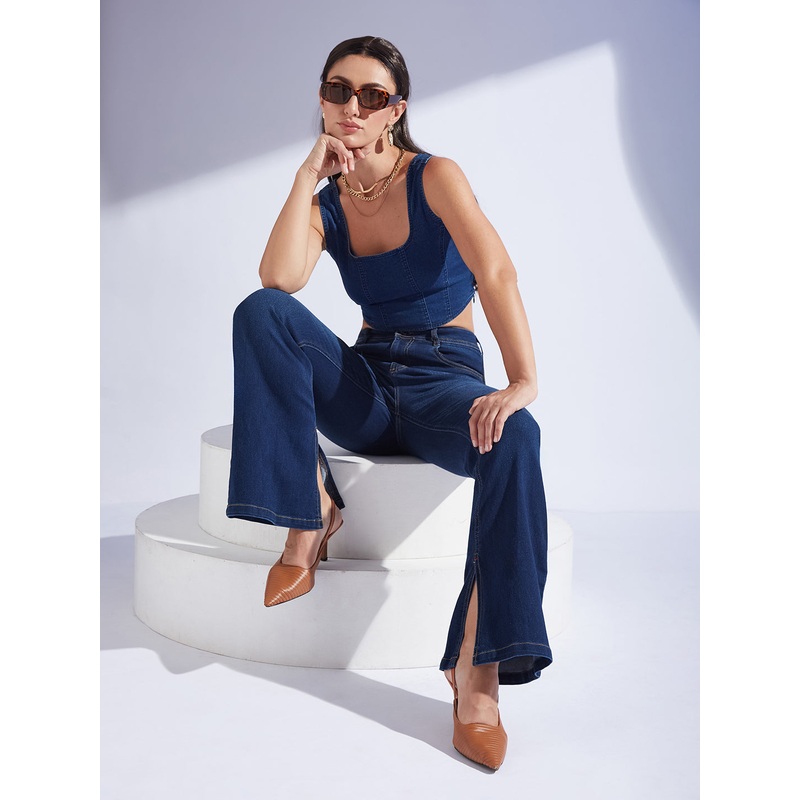 Women’s Blue Bootcut Mid-Rise  Regular-Length Denim Stretchable Jeans 26 Blue