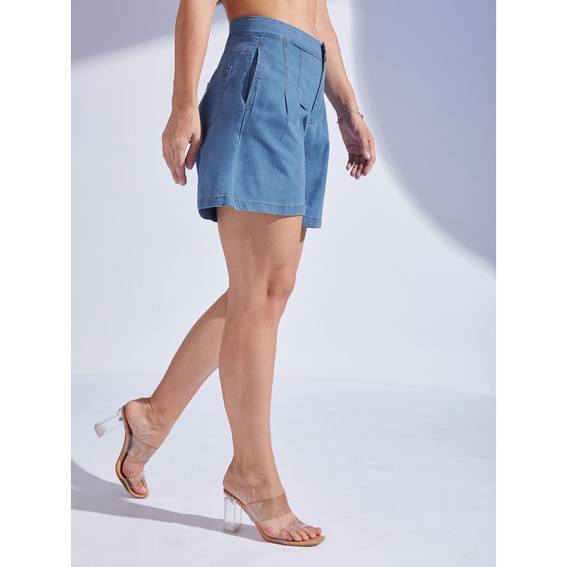 Women’s Blue Flared High-Rise Clean-Look Regular-Length Stretchable Special Lightweight Denim Shorts 26 Blue