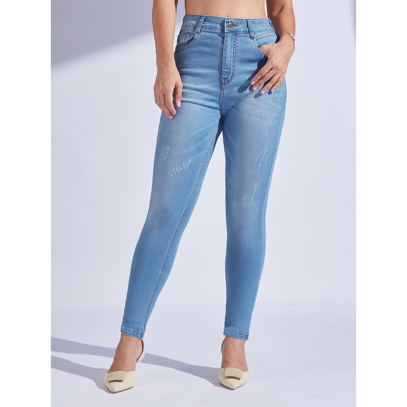 Women’s Blue Skinny High-Rise Mild-Distress Stretchable Denim Jeans 26 Blue