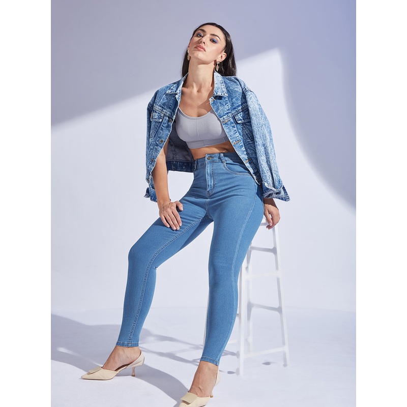 Women’s Blue Solid Skinny High-Rise Cropped Fringe Detailing Solid Stretchable Denim Jeans 26 Blue