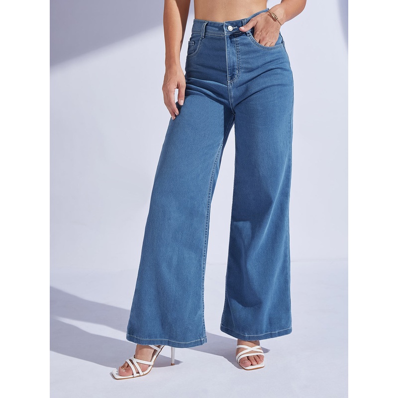 Women’s Blue Wide-Leg High-Rise Regular-Length Stretchable Denim Jeans 26 Blue