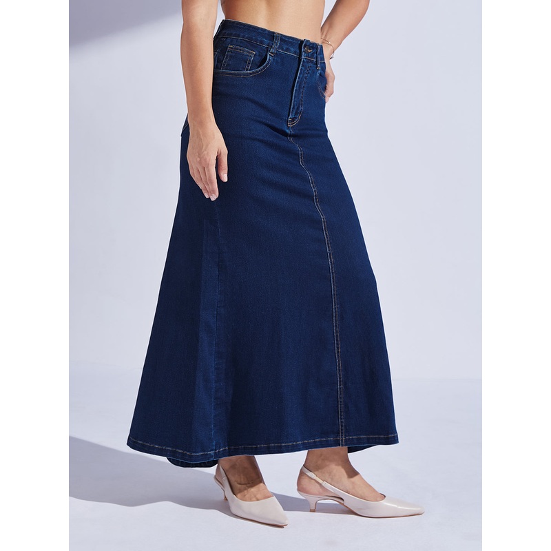 Women’s Dark Blue Flared High-Rise Clean-Look Stretchable Denim Maxi Skirt 26 Blue