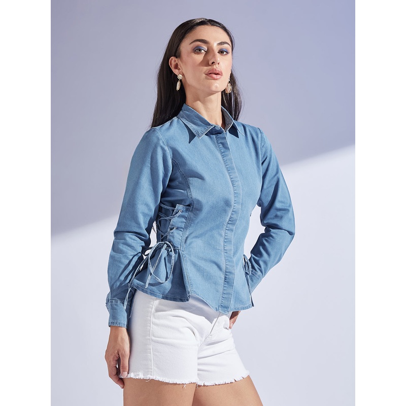 Women’s Light Blue Shirt Collar Full-Sleeved Adjustable Tie Up Regular-Length Denim Shirt XS Blue