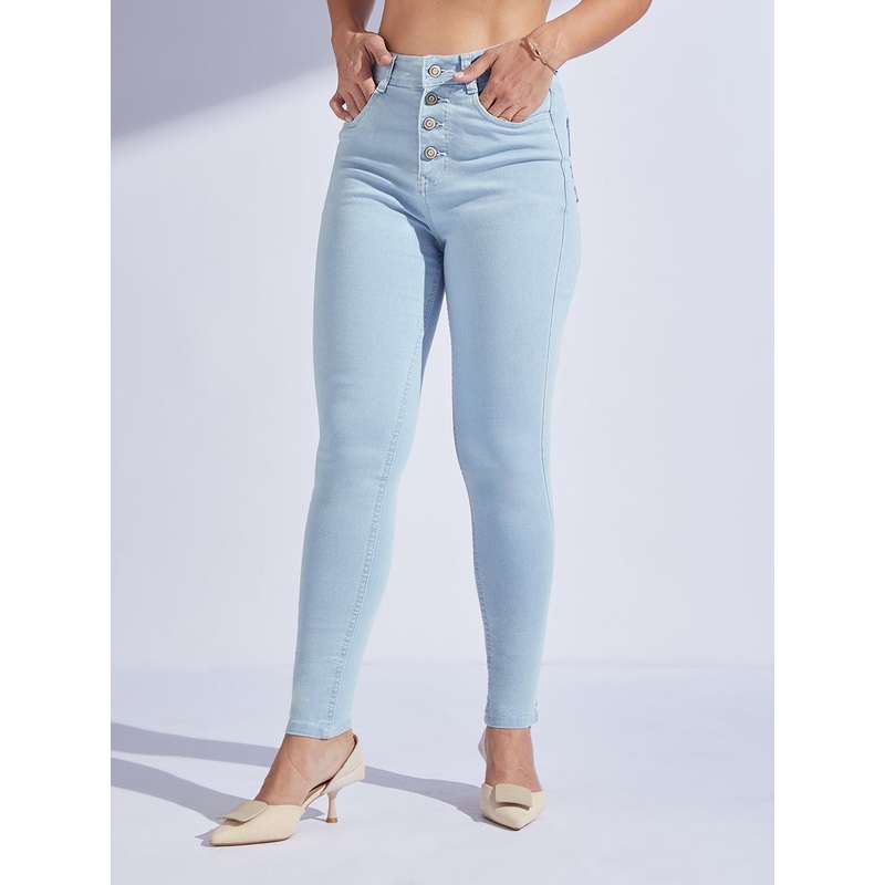 Women’s Light Blue Skinny High-Rise Distressed Ice Wash Regular-Length Denim Jeans 26 Light Blue