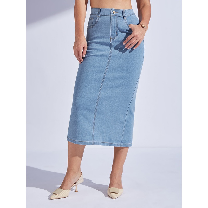 Women’s Light Blue Straight-Fit High-Rise Midi Stretchable Denim Denim Skirt 26 Blue