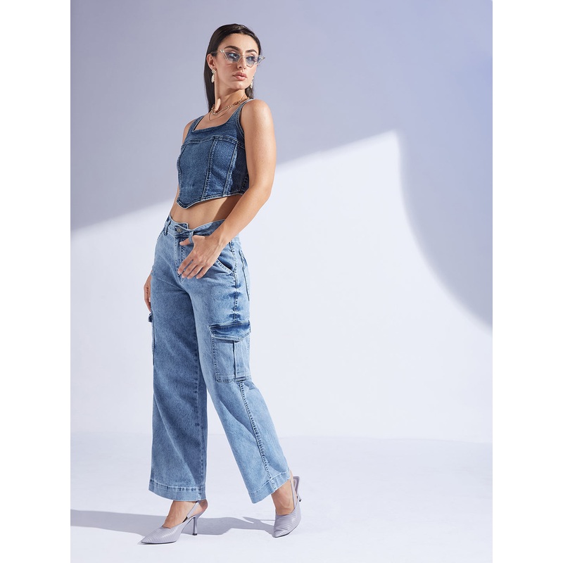 Women’s Light Blue Wide-Leg High-Rise Clean-Look Regular-Length Stretchable Flared Cargo Style Denim Jeans 26 Blue