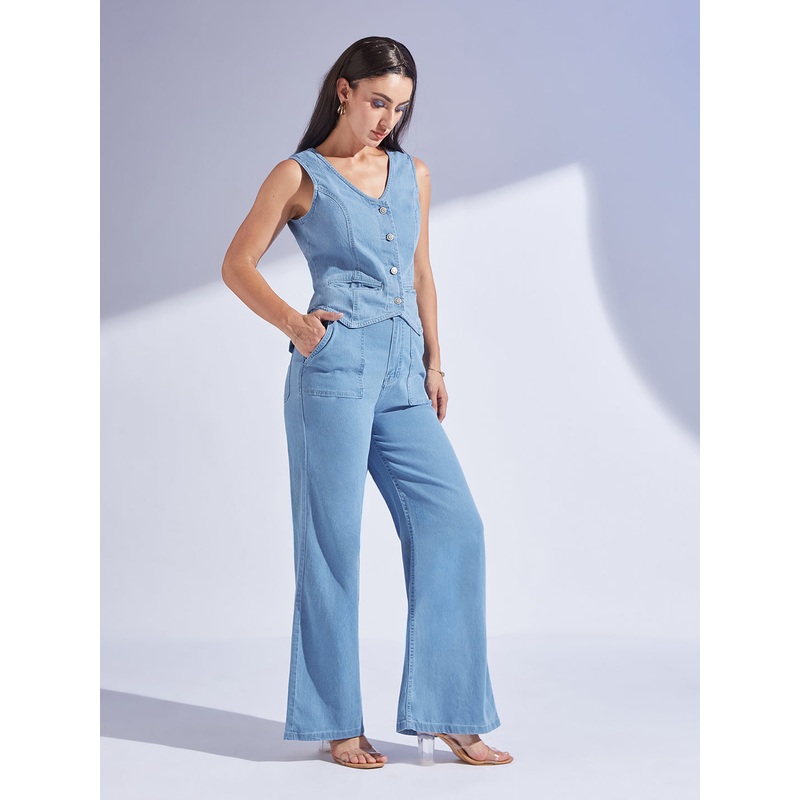 Women’s Light Blue Wide-Leg High Rise Regular-Length Stretchable Lightweight Denim Co-Ord Set XS Blue