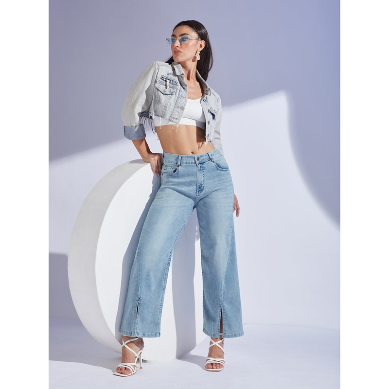 Women’s Light Blue Wide-Leg Mid-Rise  Regular-Length Stretchable Denim Jeans 26 Blue