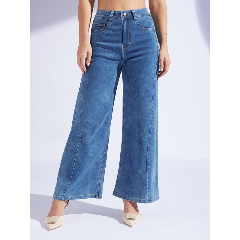 Women’s Mid Blue Wide Leg High-Rise Curved Panel Stretchable Denim Jeans 26 Blue
