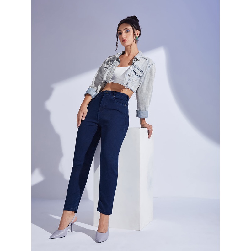 Women’s Navy Blue High-Rise Regular-Length Stretchable Denim Mom’S Jeans 26 Blue