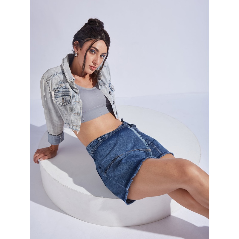 Women’s Navy Blue Regular High-Rise Mild-Distress Regular Denim Skorts 26 Blue