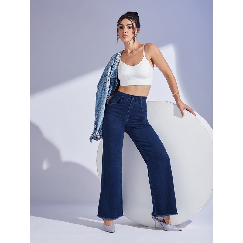 Women’s Navy Blue Wide-Leg High-Rise Clean-Look Regular-Length Stretchable Denim Jeans 26 Blue