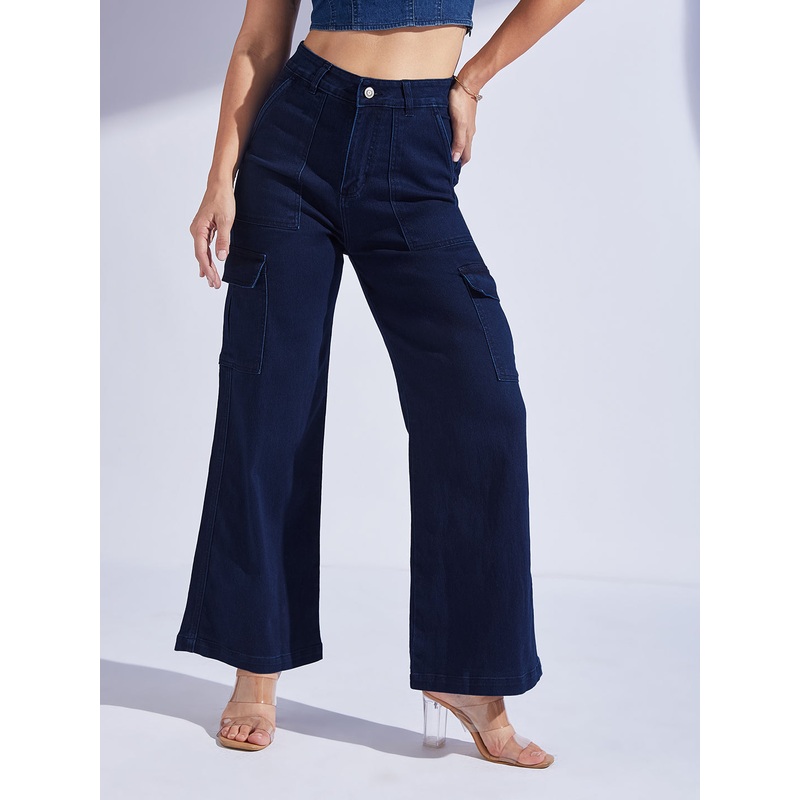 Women’s Navy Blue Wide leg High-Rise Stretchable Denim Jeans 26 Blue