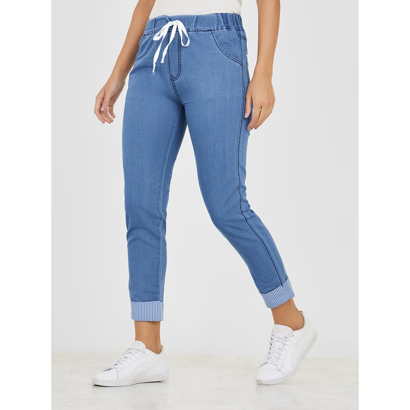 Women’s Blue High-Rise Solid Cropped Striped Detailing Denim Joggers 26 Blue