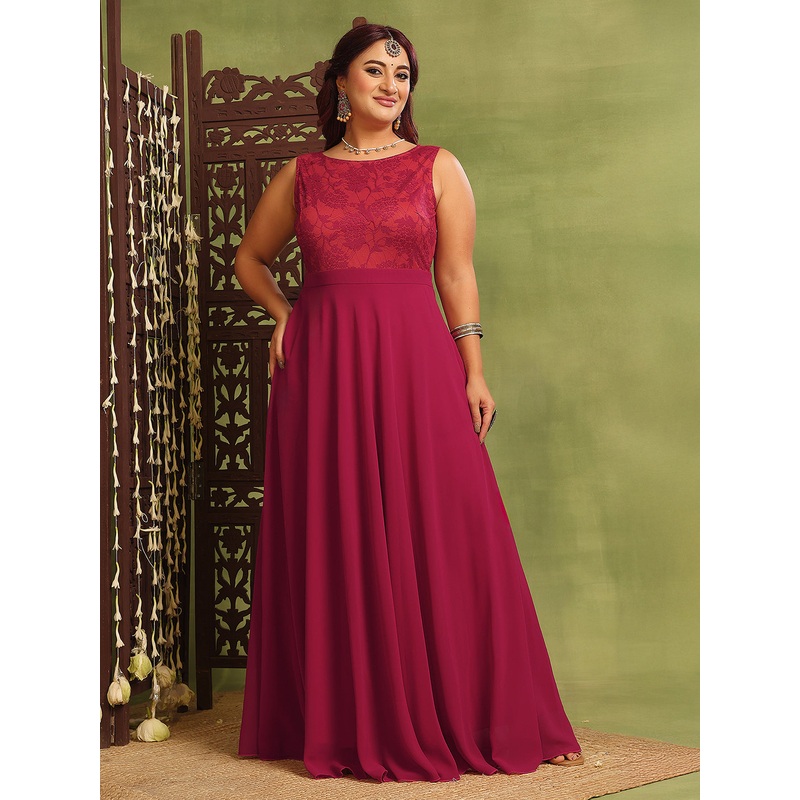 Dark Pink & Rust Sleeveless Fit and Flare Lace Dress for Women XS Pink