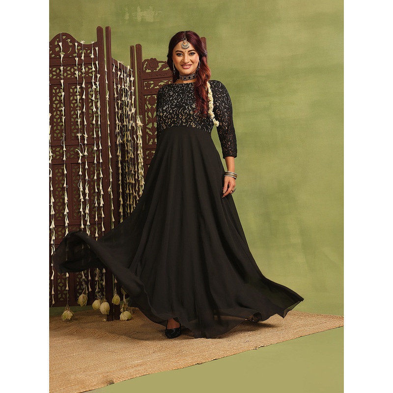 Women’s Black Self-Design Boat Neck Three-Quarters Sleeves Side-Pocketed  Georgette Fit and Flare Maxi Length Dress XS Black