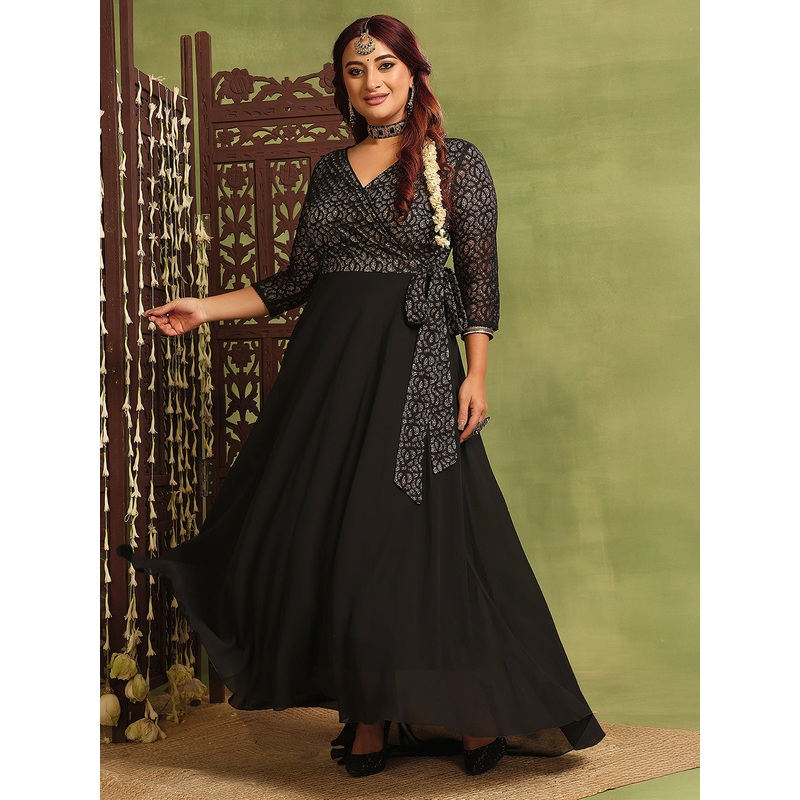 Women’s Black Self-Designed Relaxed-Fit V-Neck 3/4th Sleeve Georgette And Lace Maxi Dress XS Black