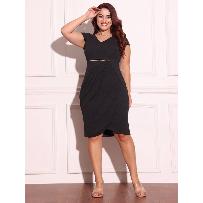 Women’s Black Solid V-Neck Cap-Sleeves  Side-Pocketed  Knee-Length Dress XS Black