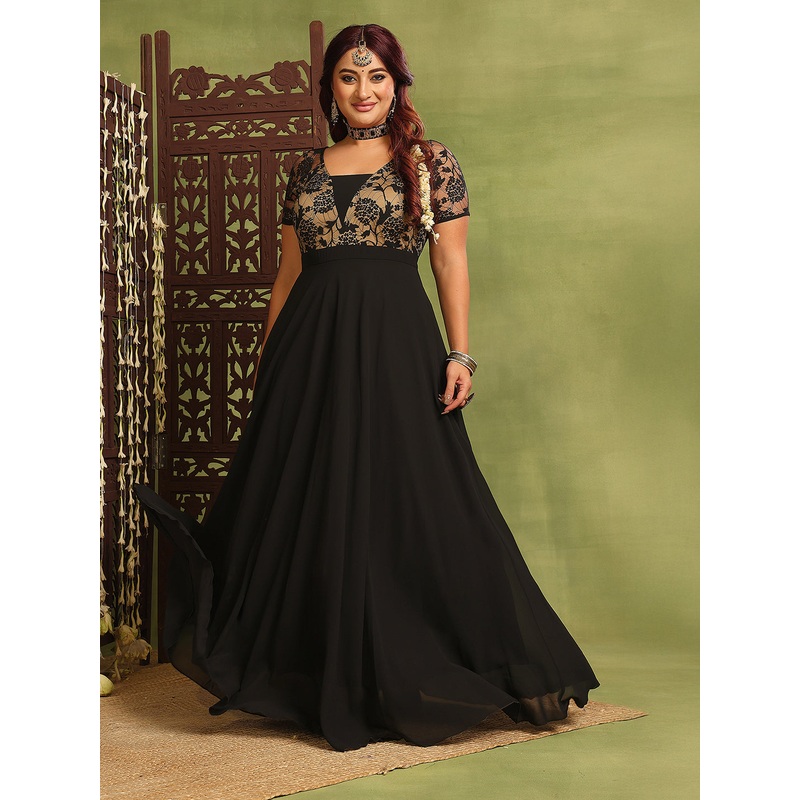 Women’s Black Square Neck Raglan Short-Sleeved Self-Design Lace-Overlaid Georgette Maxi Dress XS Black