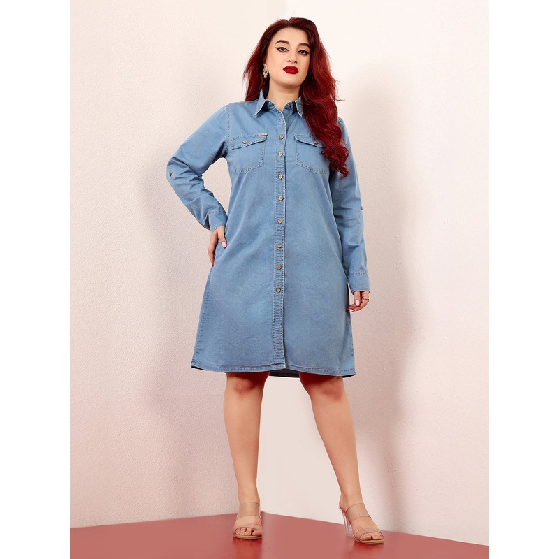 Women’s Blue Polo Neck Rolled-Up Full-Sleeves Denim Solid Buttoned A-Line Mini Dress XS Blue