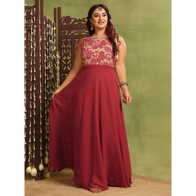 Women’s Brick Red & Dusty Green Boat Neck Sleeveless Self-Design Lace-Overlaid Regular Dress XS Red